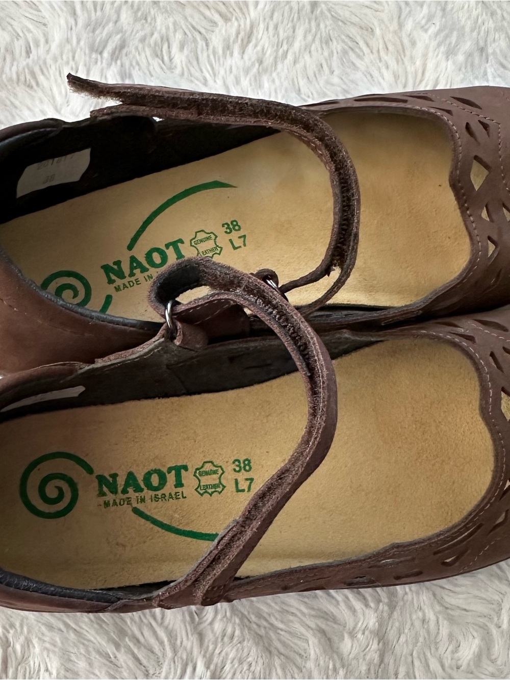 Naot Brown Leather Mary Jane Flats with Cutout Details